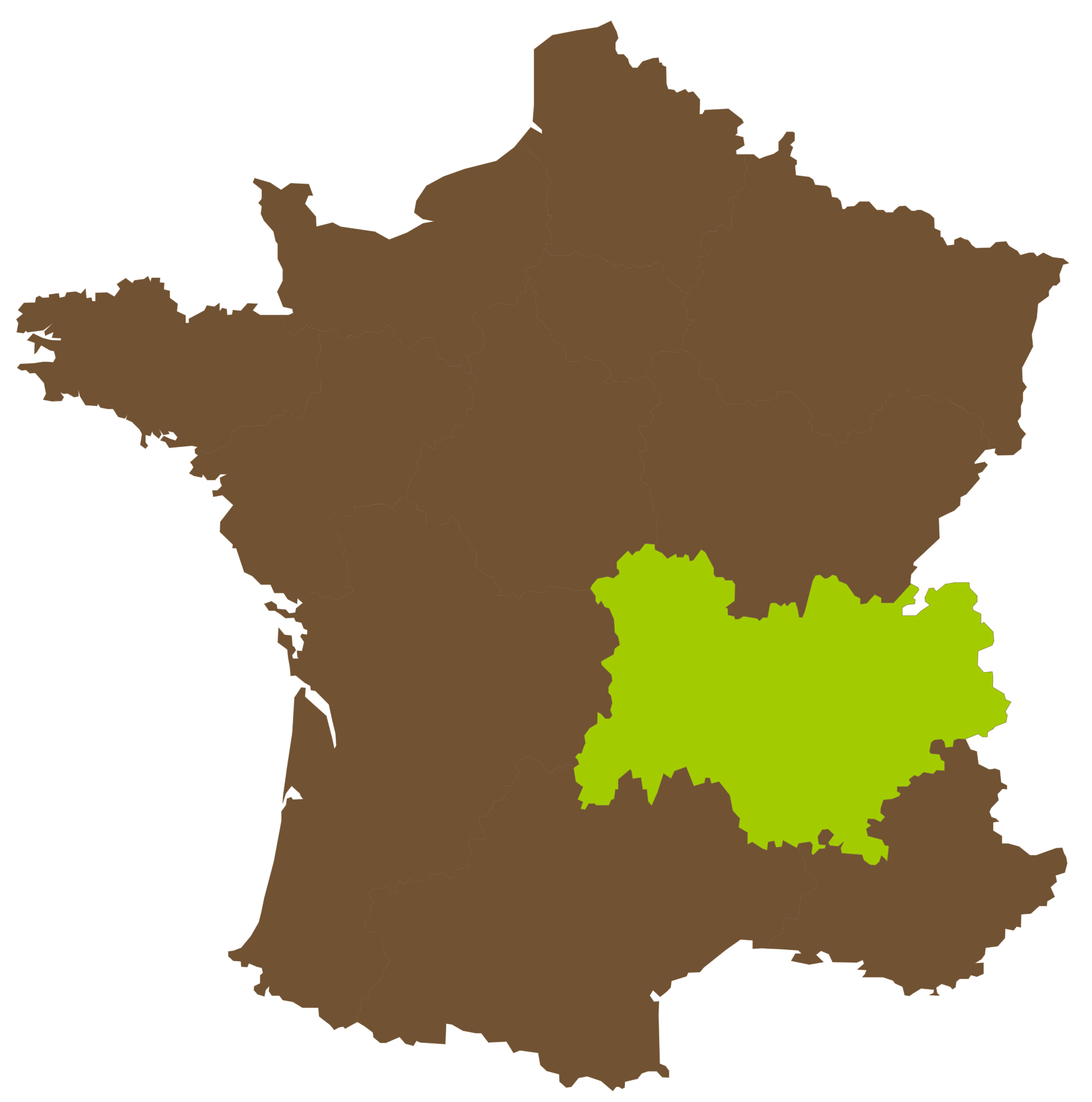 Carte de France avec la région Rhône-Alpes